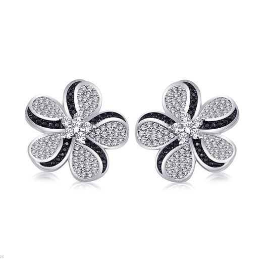 atjewels 18K White Gold Over Sterling Silver Round Cut White & Black CZ Stylish Flower Stud Earrings MOTHER'S DAY SPECIAL OFFER - atjewels.in