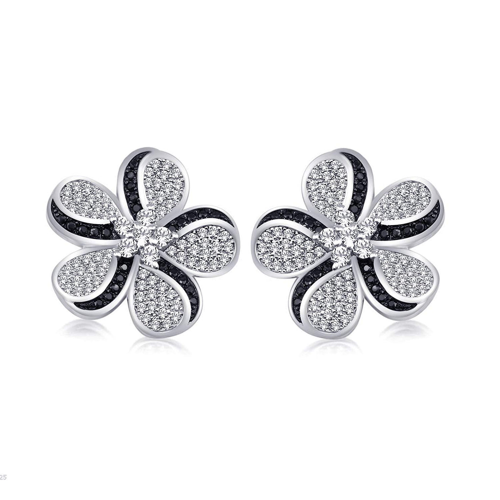 atjewels 18K White Gold Over Sterling Silver Round Cut White & Black CZ Stylish Flower Stud Earrings MOTHER'S DAY SPECIAL OFFER - atjewels.in