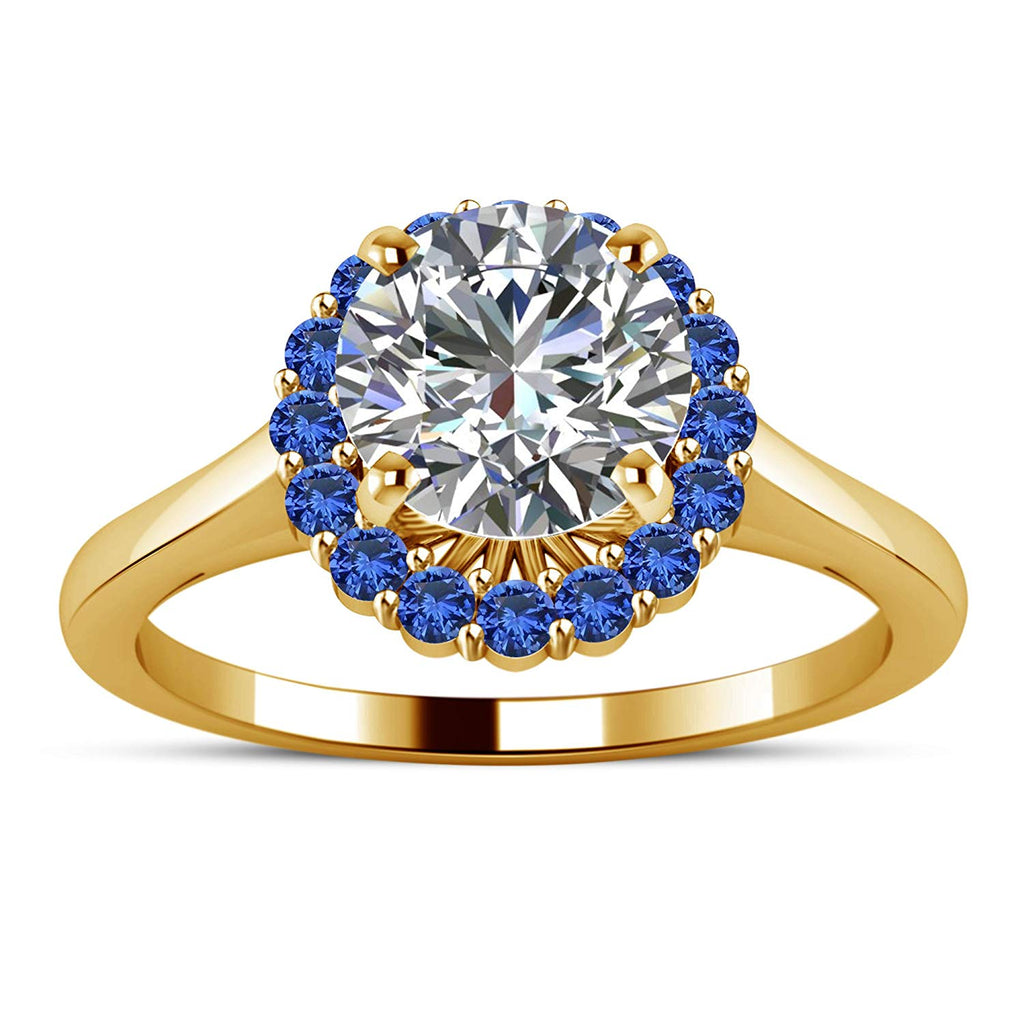atjewels 14K Yellow Gold Over Sterling Silver in White CZ and Blue Sapphire Solitaire With Accents Ring For Women's MOTHER'S DAY SPECIAL OFFER - atjewels.in