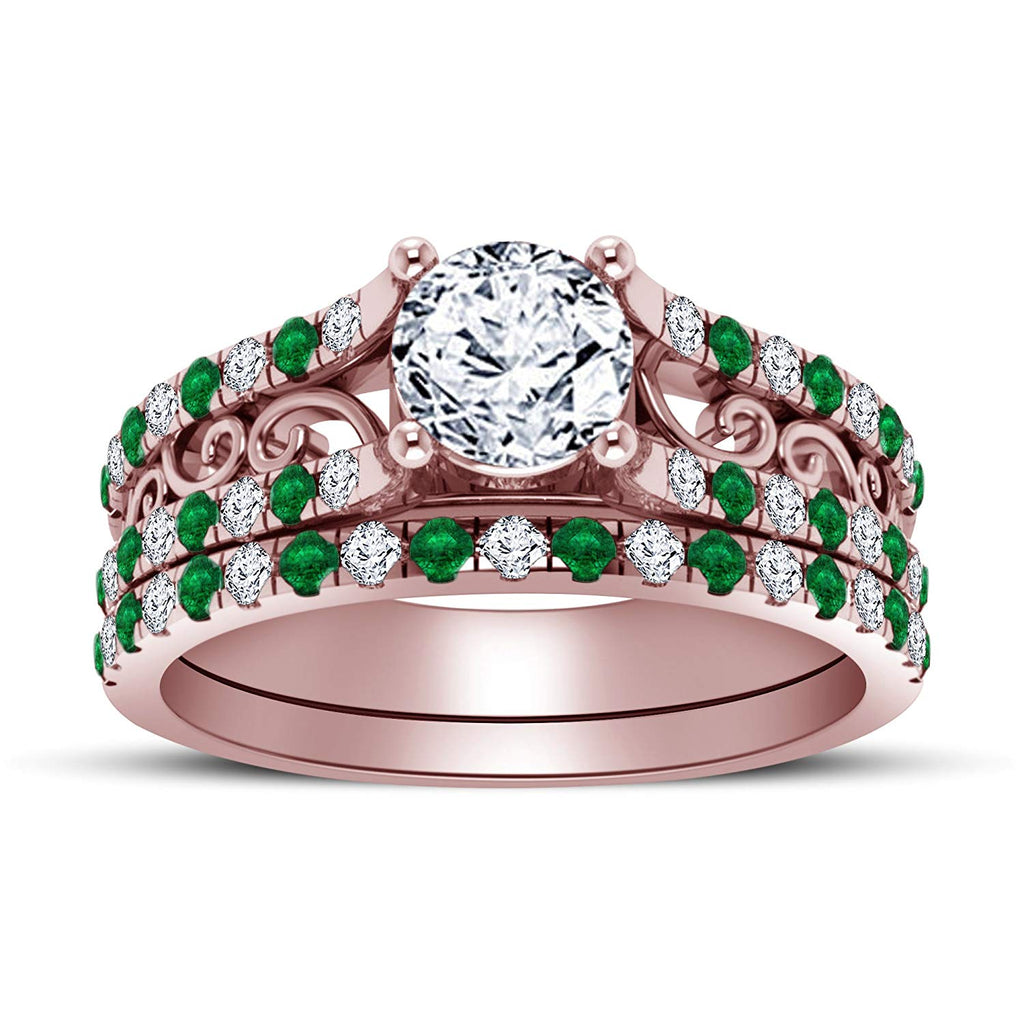 atjewels 14K Rose Gold Over 925 Sterling Silver White CZ & Emerald Women's Bridal Set Ring MOTHER'S DAY SPECIAL OFFER - atjewels.in