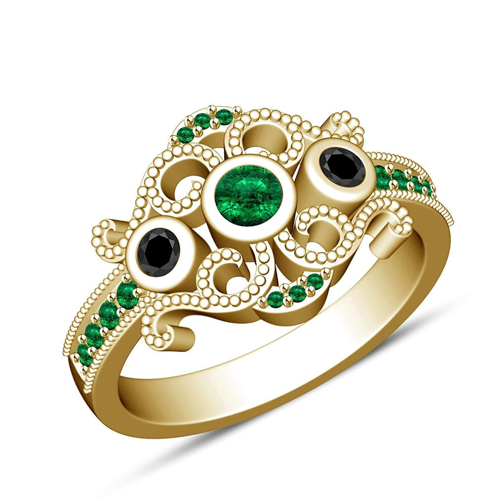 atjewels 14k Yellow Gold On 925 Silver Green Emerald and Black CZ  Princess M Engagement Ring MOTHER'S DAY SPECIAL OFFER - atjewels.in