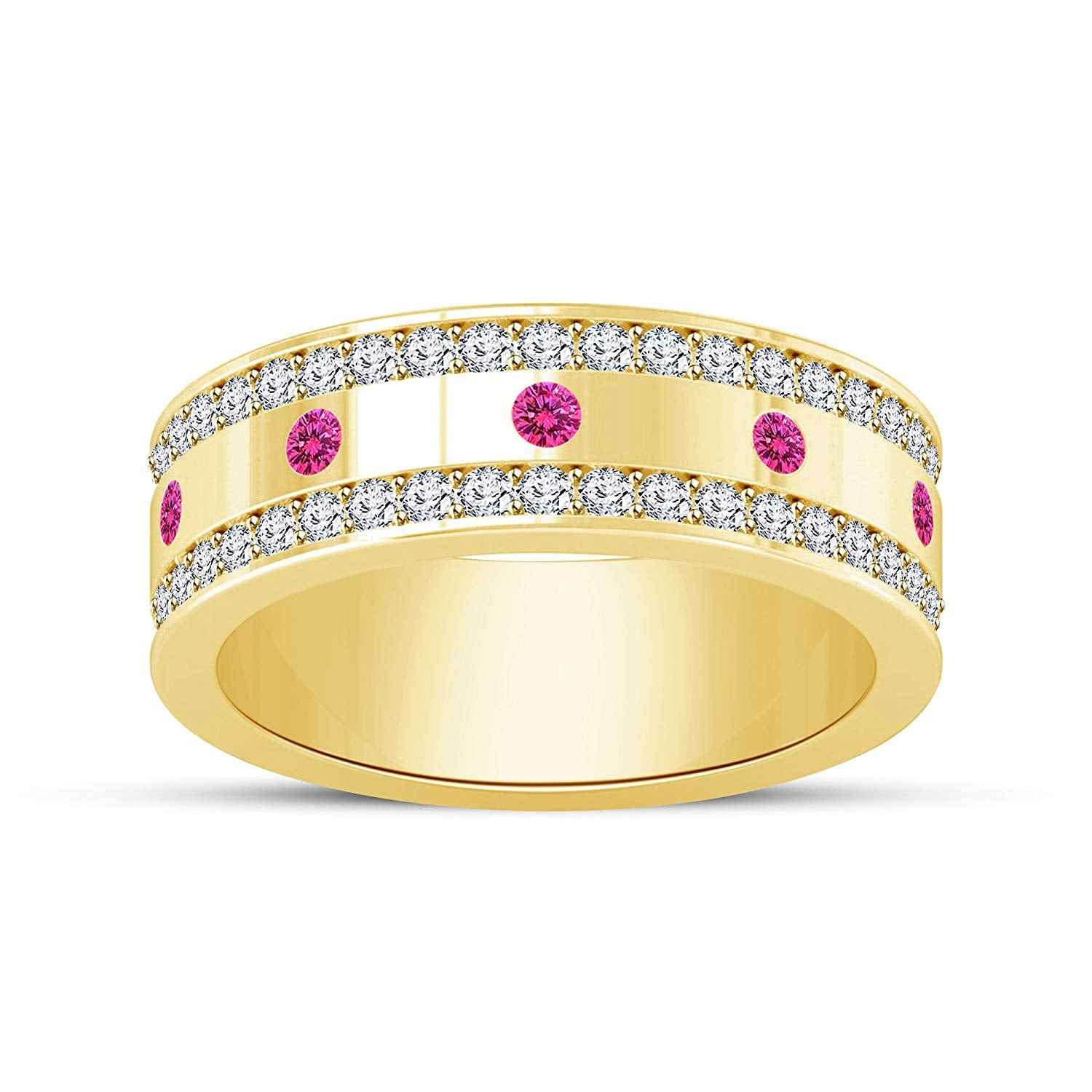 atjewels Round Pink Sapphire and White CZ in 14K Yellow Gold Over 925 Sterling Silver Wedding Band Ring MOTHER'S DAY SPECIAL OFFER - atjewels.in