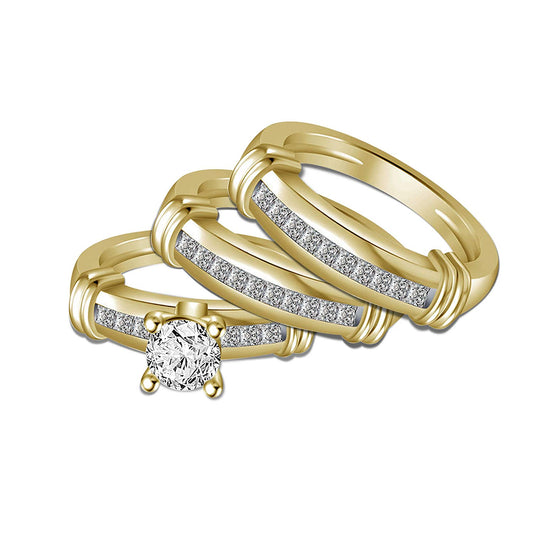 atjewels 14K Yellow Gold Over 925 Sterling Silver Round White CZ Engagement Trio Ring Set MOTHER'S DAY SPECIAL OFFER - atjewels.in