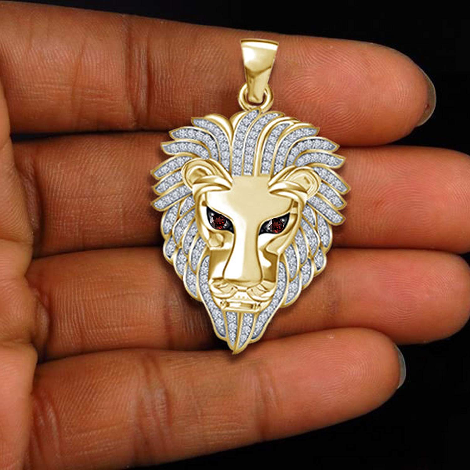 atjewels Round Cut Red Garnet & White CZ 14k Yellow Gold Over .925 Sterling Silver Lion Pendant For Unisex For MOTHER'S DAY SPECIAL OFFER - atjewels.in