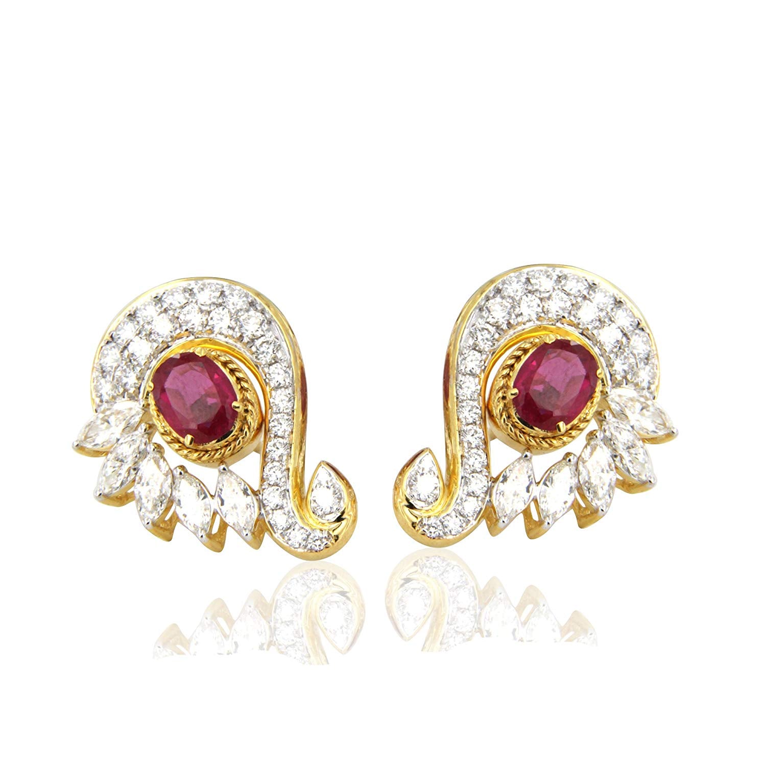 atjewels Peacock Stud Earrings in Multi Shape CZ and Pink Sapphire with 14K Yellow Gold Over 925 Silver MOTHER'S DAY SPECIAL OFFER - atjewels.in