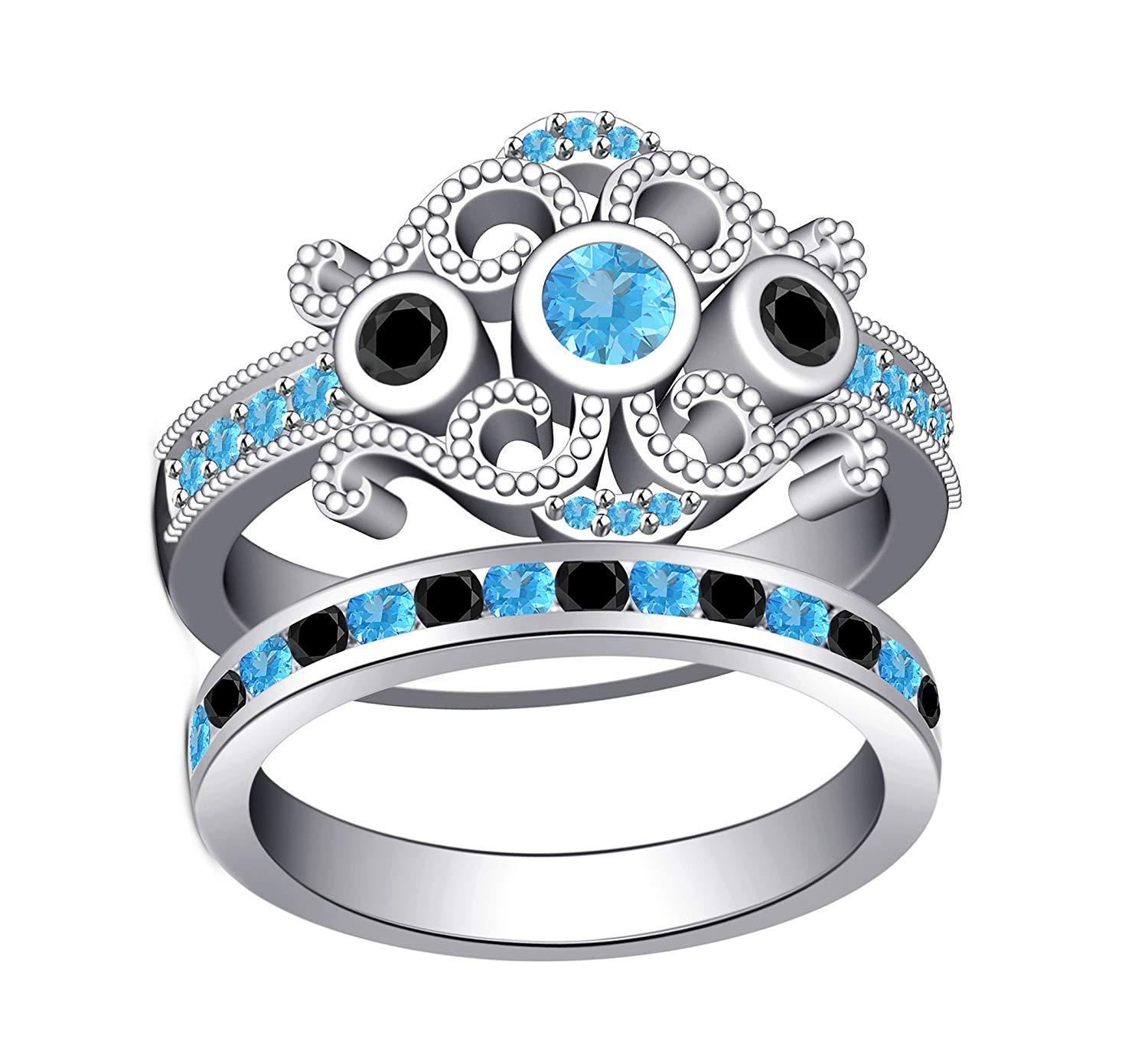 18K White Gold On 925 Sterling Round Aquimarine and Black CZ Princess Engagement Ring Set MOTHER'S DAY SPECIAL OFFER - atjewels.in