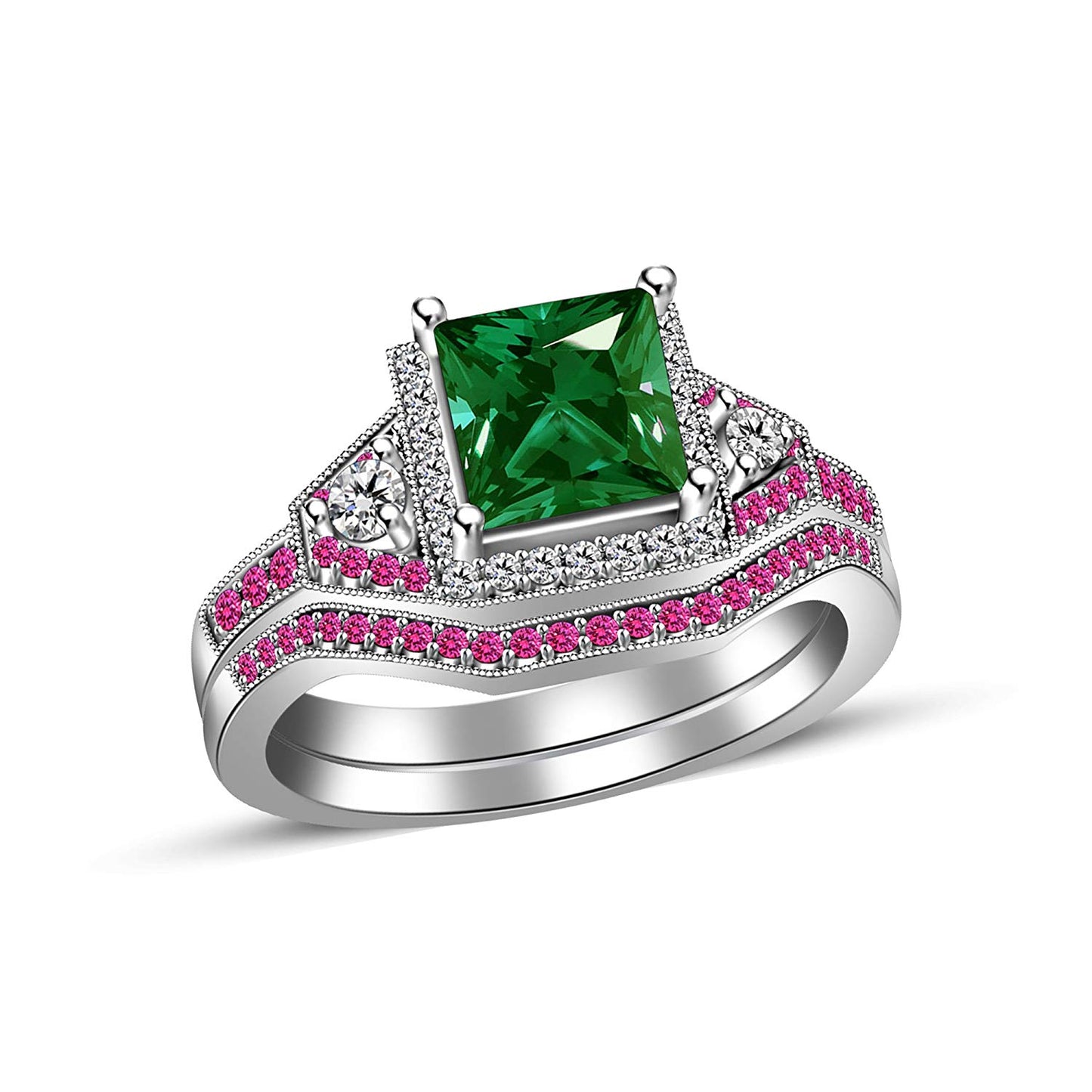 3.07CT Green Emerald Princess Cut .925 Sterling Silver Multi Stone Engagement & Wedding Band Ring Set For Women's - atjewels.in
