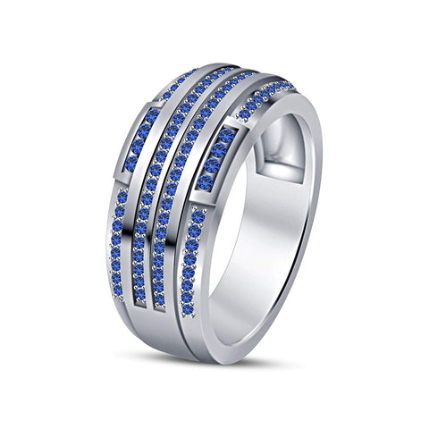 atjewels 14K White Gold on 925 Silver Round Blue Sapphire Wedding & Engagement Band Ring US Size 10 MOTHER'S DAY SPECIAL OFFER - atjewels.in