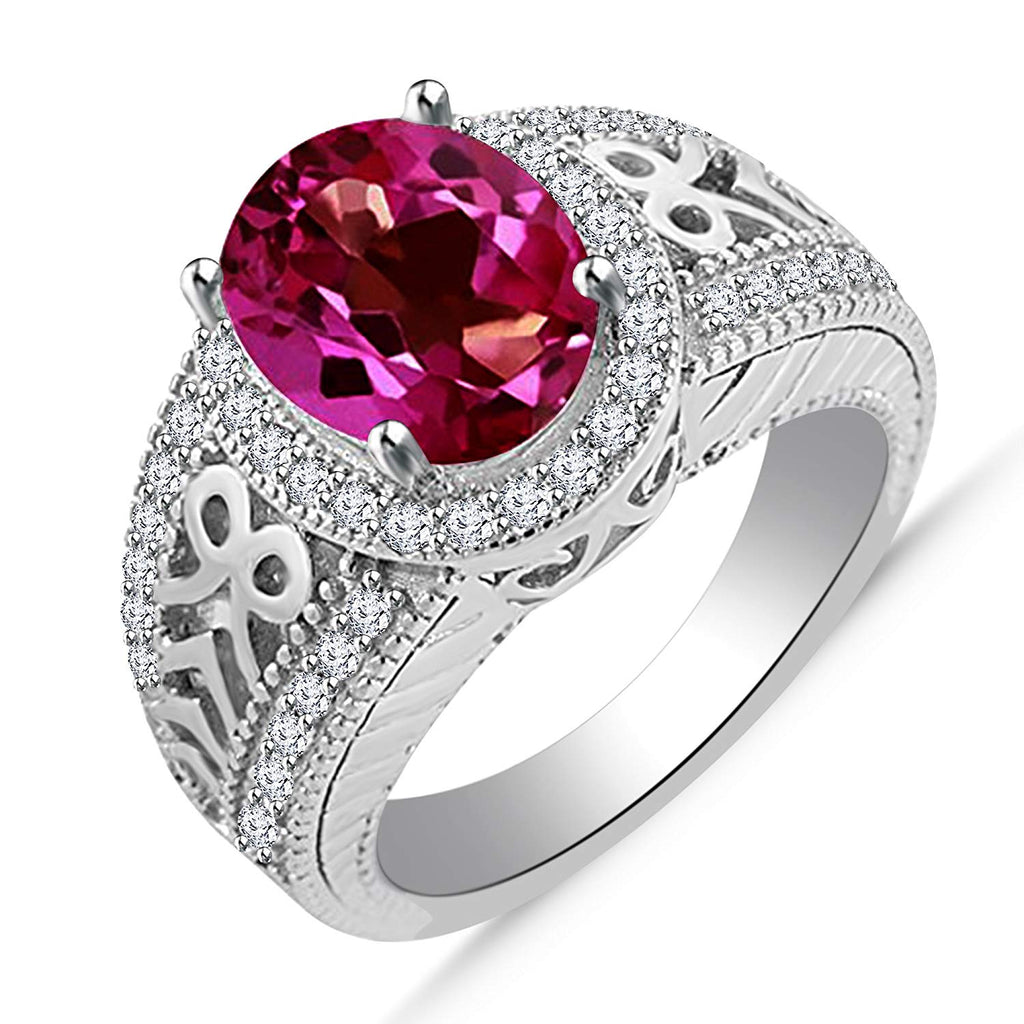 atjewels White Gold Over .925 Silver Oval Cut Pink Sapphire and White CZ Engagement Ring For Women's MOTHER'S DAY SPECIAL OFFER - atjewels.in