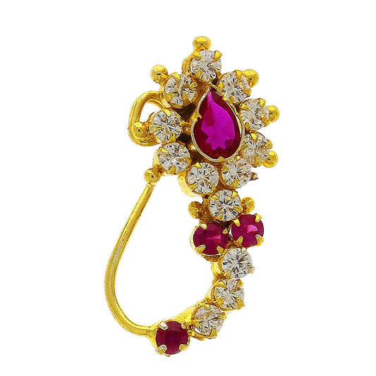 atjewels 14K Gold Plated .925 Sterling Silver With Pink Sapphire & White Cubic Zrconia Maharashtrian Nath MOTHER'S DAY SPECIAL OFFER - atjewels.in