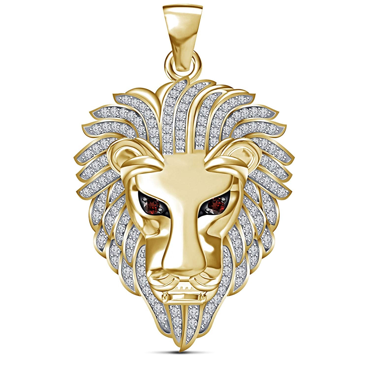 atjewels Round Cut Red Garnet & White CZ 14k Yellow Gold Over .925 Sterling Silver Lion Pendant For Unisex For MOTHER'S DAY SPECIAL OFFER - atjewels.in
