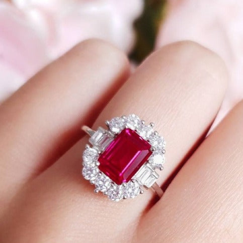 1 CT 925 Sterling Silver Ruby Emerald Cut Diamond Halo Engagement Ring