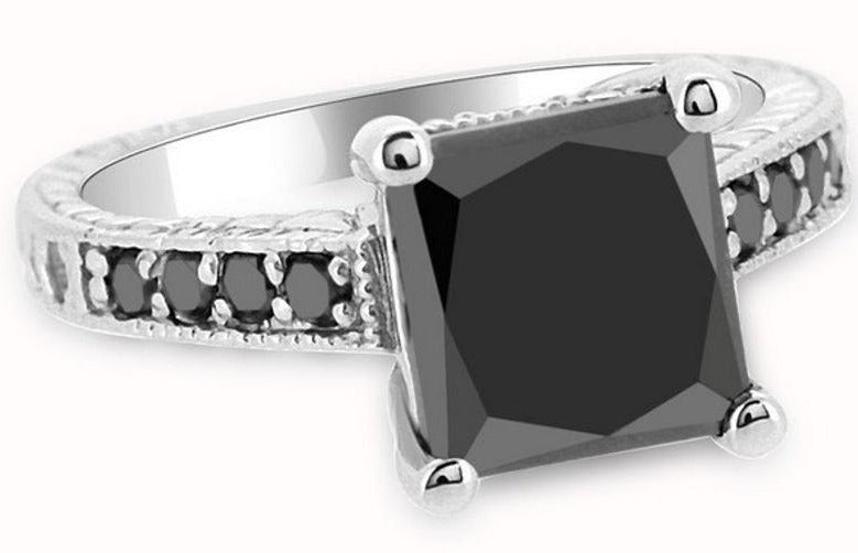 2 CT Princess Cut Black Cubic Zirconia Diamond 925 Sterling Sliver Women Engagement Ring