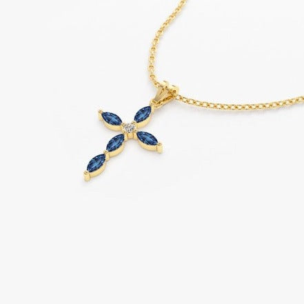 1.50 Ct Marquise Cut Blue Sapphire Cross Pendant In Yellow Gold Over On 925 Sterling Silver