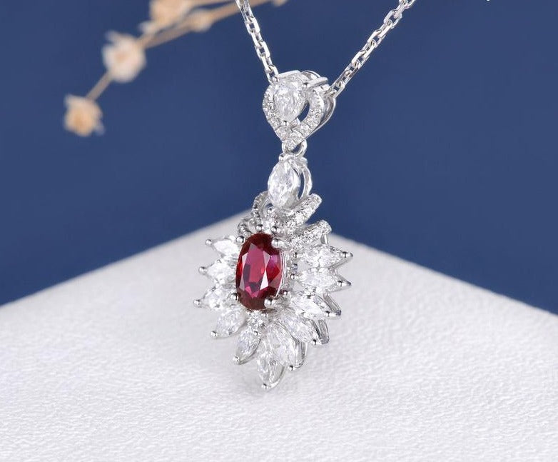 2.50 Ct Oval Cut Red Ruby & White Marquise Diamond Cluster Pendant In 925 Sterling Silver