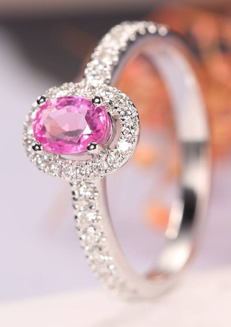 1 CT Oval Cut Pink Sapphire Diamond 925 Sterling Silver Halo Anniversary Promise Ring