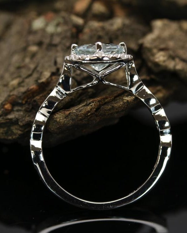 1 CT Round Cut Aquamarine Diamond 925 Sterling Silver Halo Promise Ring