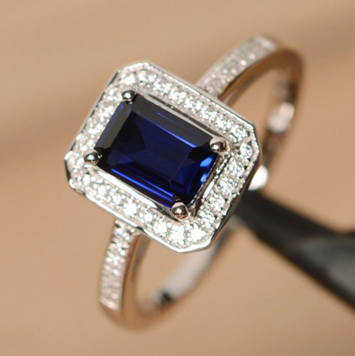 1 CT Emerald Cut Sapphire Diamond 925 Sterling Silver Anniversary Halo Ring
