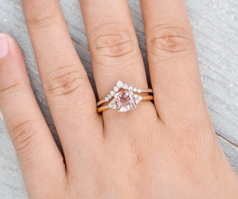 2.20 Ct Cushion Cut Morganite Rose Gold Over On 925 Sterling Silver Bridal Engagement Ring Set