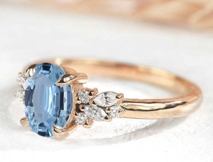 2 CT 925 Sterling Silver Blue Aquamarine Oval Cut Diamond Anniversary Ring