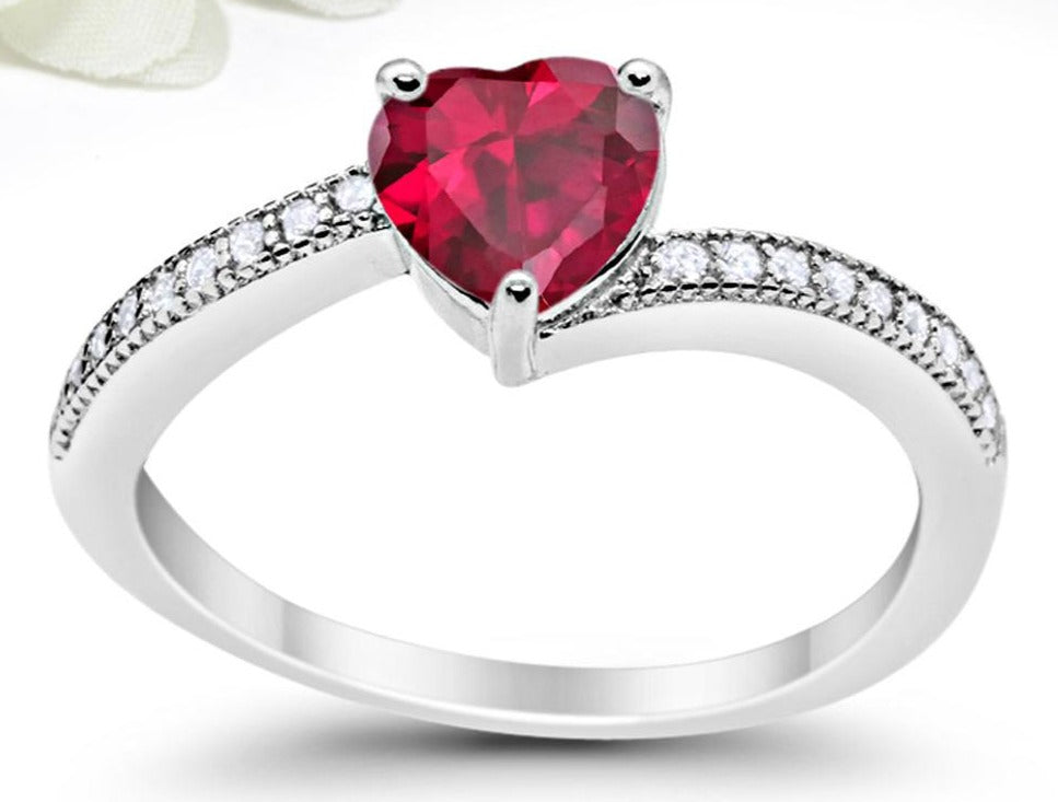 1 CT Heart Cut Red Ruby Diamond 925 Sterling Silver Women Engagement Bypass Love Ring