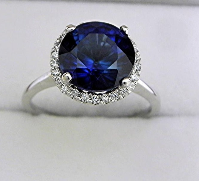 5 CT Sterling Silver Blue Sapphire Oval Cut Diamond Anniversary Halo Ring