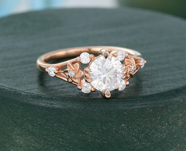 1 CT Round Cut Rose Gold Over On 925 Sterling Silver Vintage Floral Leaf Anniversary Ring For Women