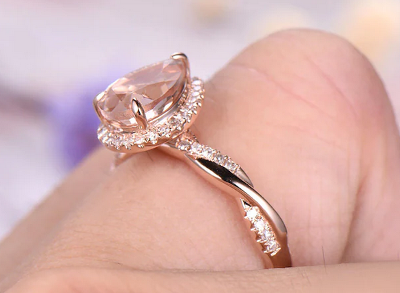 1 CT Pear Cut Pink Morganite & CZ Diamond Rose Gold Over On 925 Sterling Silver Halo Infinity Wedding Band Ring