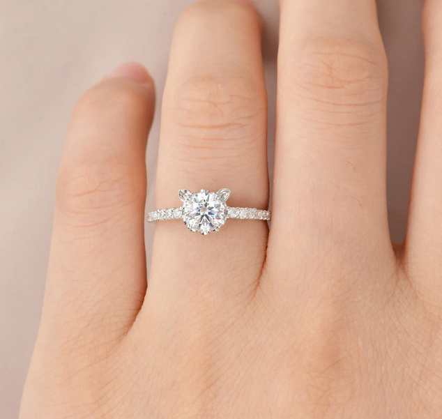 1 CT Round Cut Diamond White Gold Over On 925 Sterling Silver Dainty Kitty Ring