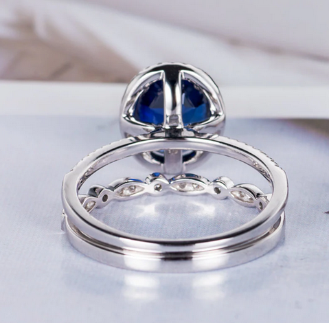1 CT Oval Cut Blue Sapphire White Gold Over On 925 Sterling Silver Engagement Halo Ring Set