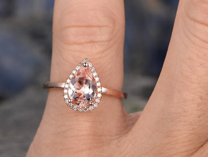 1 CT Pear Cut Pink Morganite Rose Gold Over On 925 Sterling Silver Halo Wedding Ring