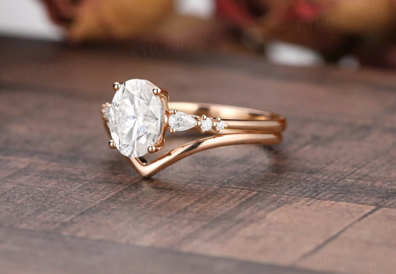 1 CT Oval Cut Rose Gold Over On 925 Sterling Silver Curved Wedding Ring Set