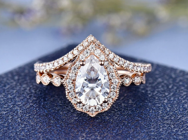 1 CT Pear Cut Rose Gold Over On 925 Sterling Silver Engagement Ring Set