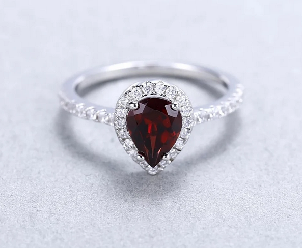 1 CT Pear Cut Red Garnet White Gold Over On 925 Sterling Silver Halo Engagement Ring