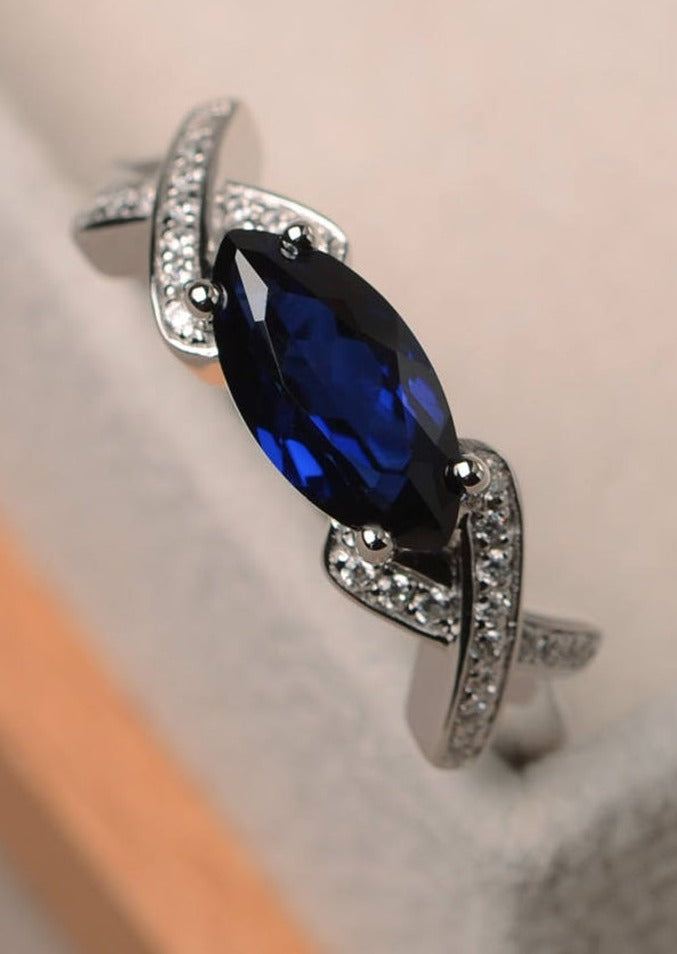 2 CT Marquise Cut Blue Sapphire Diamond 925 Sterling Silver Women Anniversary Ring