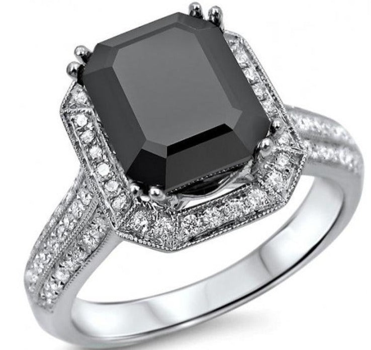 3 CT Emerald Cut Black Cubic Zirconia Diamond 925 Sterling Silver Engagement Halo Ring