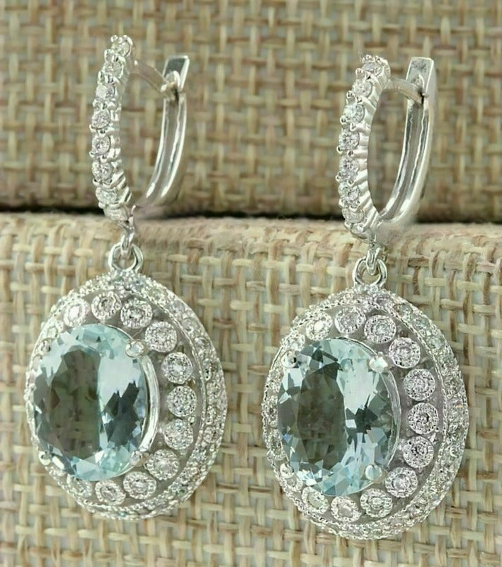 3 CT Oval Cut Aquamarine Diamond 925 Sterling Silver Pretty Halo Dangle Earrings