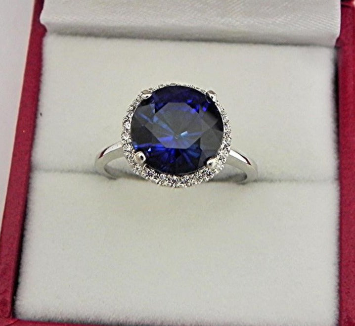 5 CT Sterling Silver Blue Sapphire Oval Cut Diamond Anniversary Halo Ring