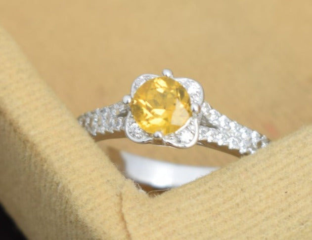 1 CT Round Cut Citrine Yellow Diamond 925 Sterling Silver Women Engagement Halo Ring