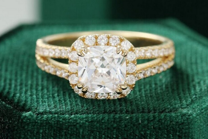 1 CT Cushion Cut Diamond Yellow Gold Ove On 925 Sterling Silver Split Shank Women Anniversary Ring