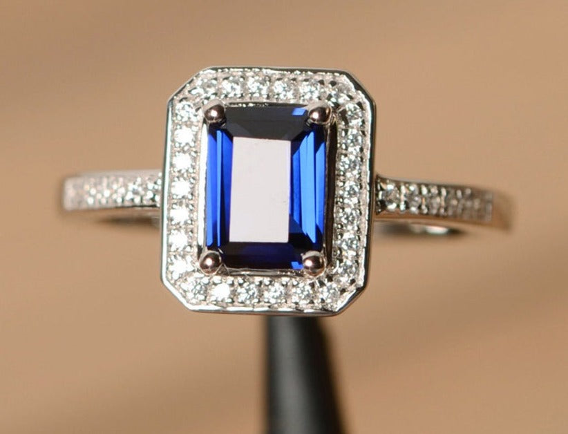 1 CT Emerald Cut Sapphire Diamond 925 Sterling Silver Anniversary Halo Ring