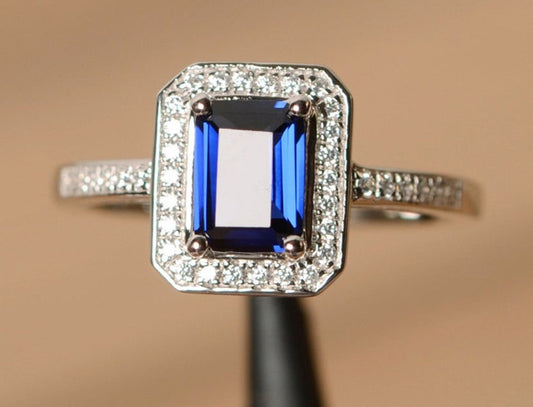 1 CT Emerald Cut Sapphire Diamond 925 Sterling Silver Anniversary Halo Ring