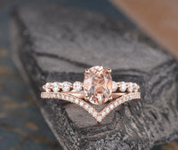 2 CT Oval Cut Morganite Diamond 925 Sterling Silver Halo Engagement Ring Set
