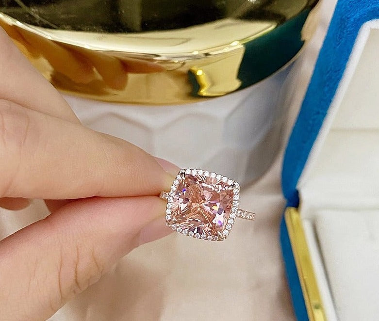 2 CT Cushion Cut Peach Morganite Diamond 925 Sterling Silver Halo Anniversary Ring