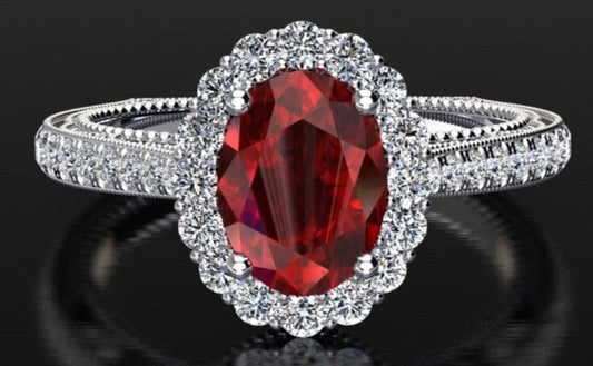 2 CT 925 Sterling Silver Red Ruby Oval Cut Diamond Anniversary Halo Ring