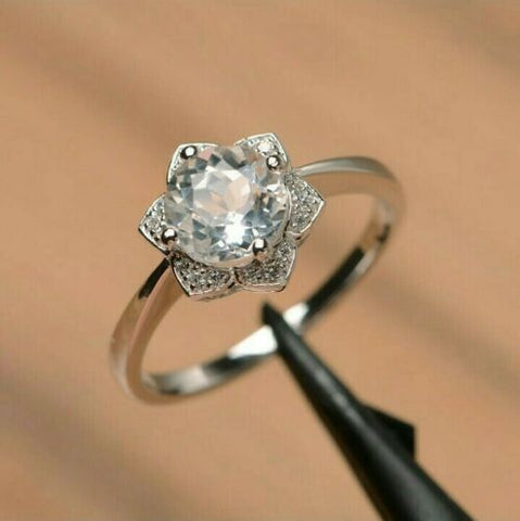2.10 Ct Round Cut Aquamarine Diamond 925 Sterling Silver Solitaire Floral Proposal Ring