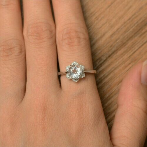 2.10 Ct Round Cut Aquamarine Diamond 925 Sterling Silver Solitaire Floral Proposal Ring