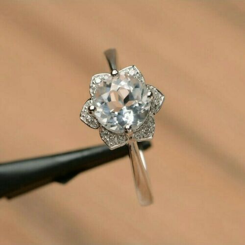 2.10 Ct Round Cut Aquamarine Diamond 925 Sterling Silver Solitaire Floral Proposal Ring