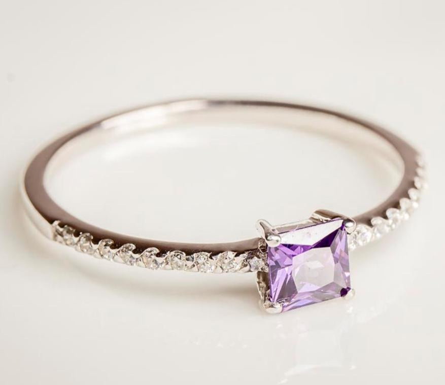 0.50 CT 925 Sterling Silver Amethyst Princess Cut Diamond Anniversary Ring