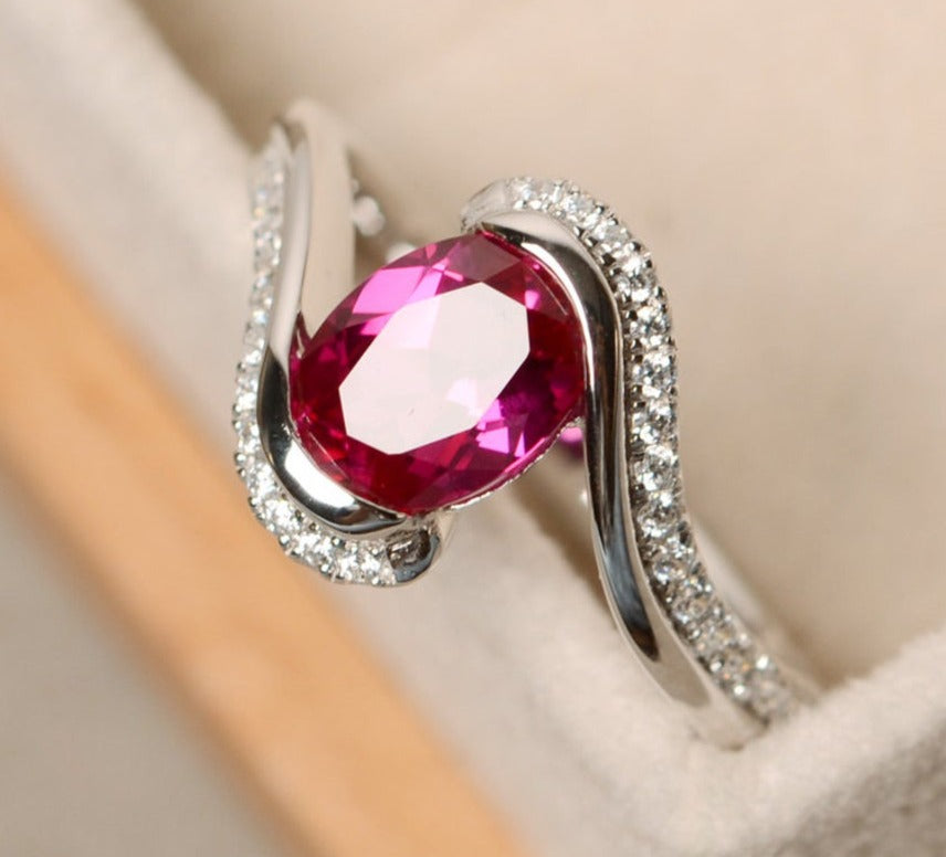 1 CT Oval Cut Red Ruby Diamond 925 Sterling Silver Engagement Halo Bypass Ring Gift For Her